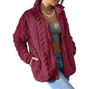 Women's Cozy Winter Fluffy Fleece Red Jacket Vest Coat Zipper 2 Pockets